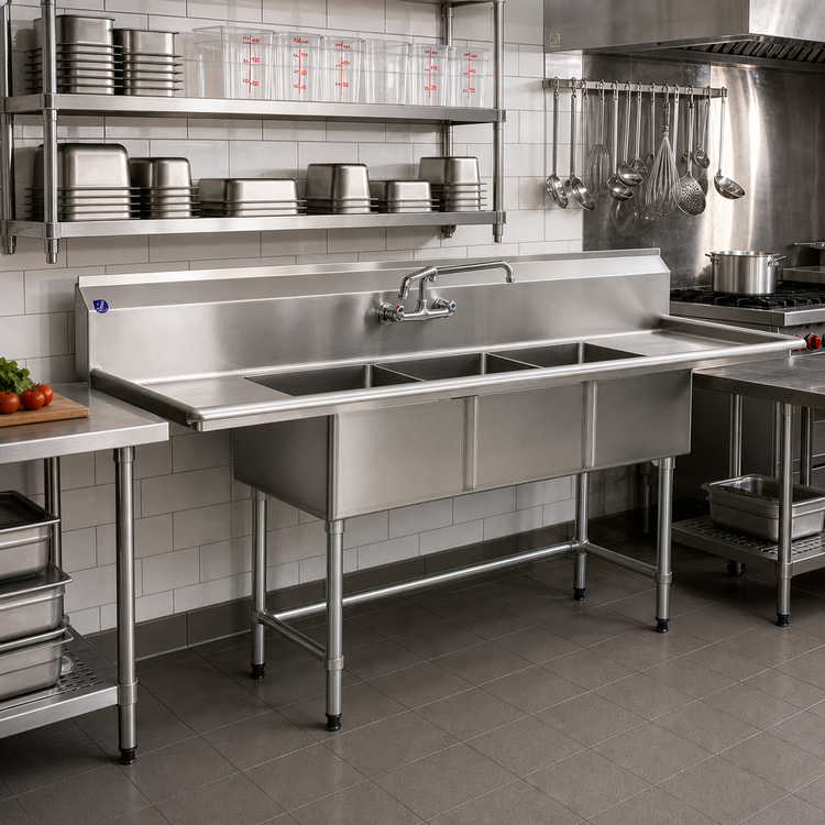 Product image #2 for BlendPort® BPFC Series 3-Compartment Commercial Sink with 24" x 24" Bowls, 304 Stainless Steel