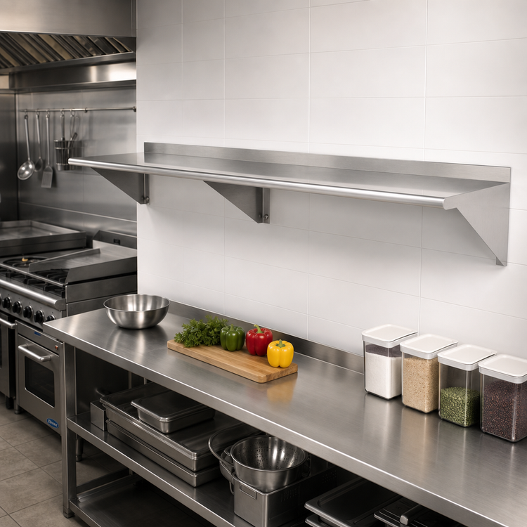 Product image #2 for Sapphire 84 Inch Wall-Mounted Stainless Steel Shelf with 3 Angled Brackets