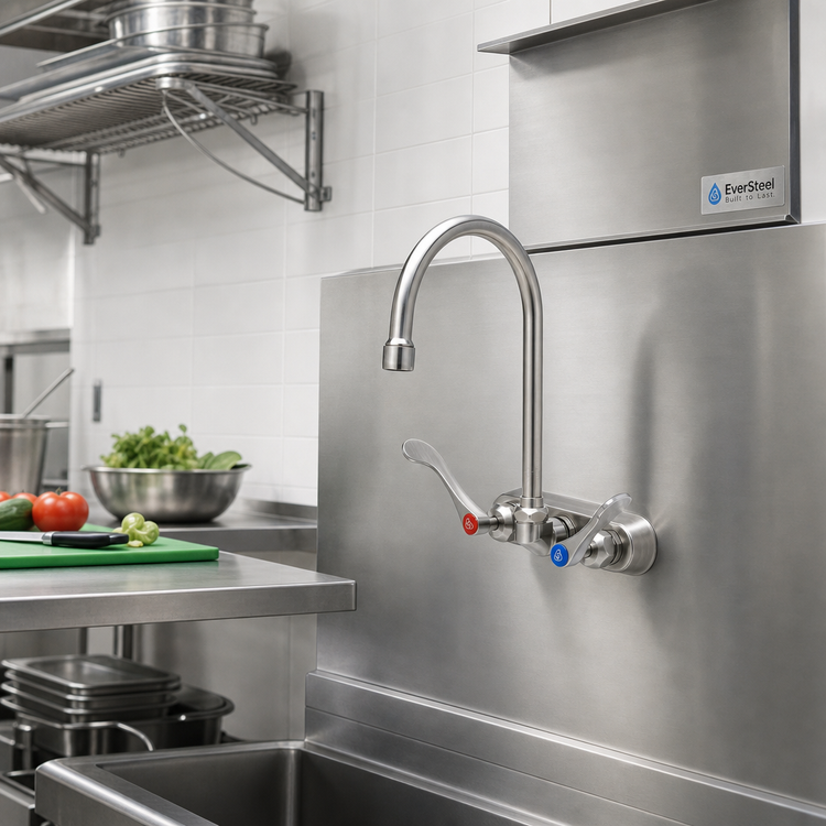 Product image #2 for EverSteel 4-Inch Centers Wall Mount Stainless Steel Workboard Mixing Faucet with 5 3/4-Inch Swivel Gooseneck Spout