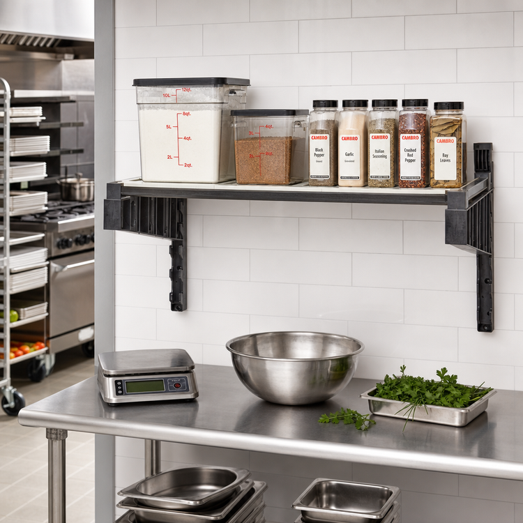 Product image #2 for Cambro Camshelving® Elevation Wall-Mounted Vented Shelf Kit — 24" x 24", Brushed Graphite (Includes 15" Uprights & Universal Brackets)