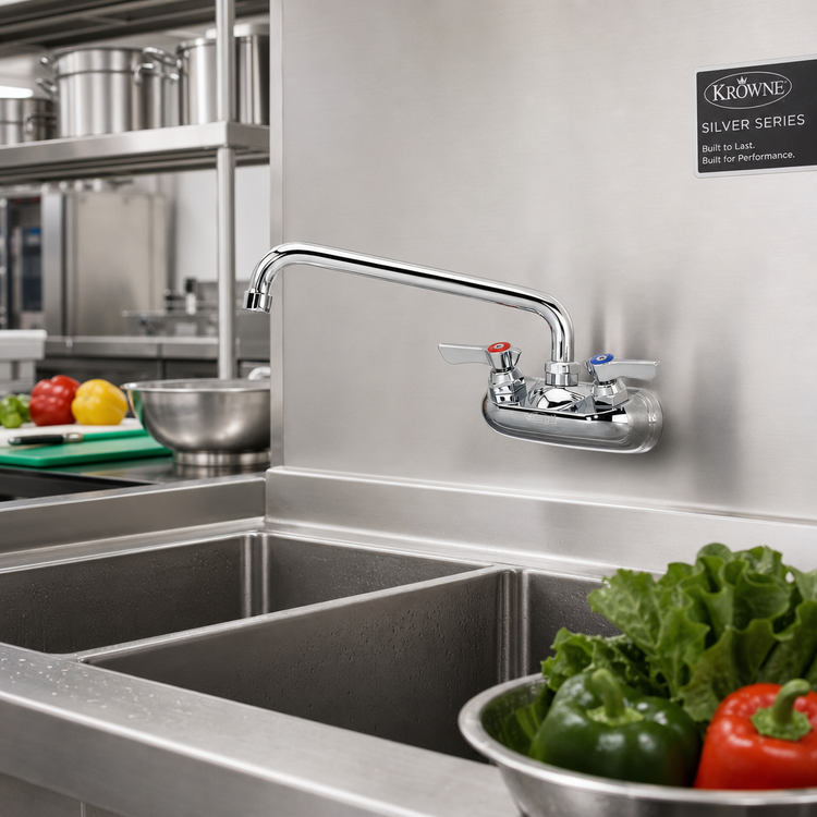 Product image #2 for Krowne Silver Series Splash-Mounted Commercial Faucet with 10-Inch Swing Spout, 4-Inch Centers