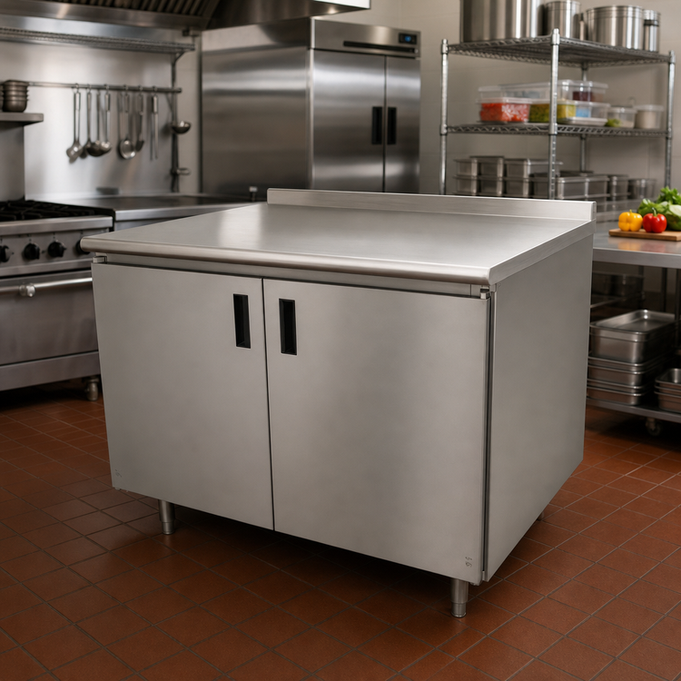 Product image #2 for Advance Tabco 96-Inch x 30-Inch Enclosed Work Table with Cabinet Base, Mid-Shelf, Hinged Doors, and 14 Gauge 304 Stainless Steel Top
