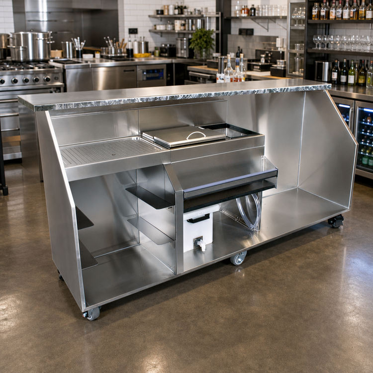 Product image #2 for 96-Inch Stainless Steel Portable Bar for Glassware with 18-Inch Cocktail Ice Bin and Refrigerator Space