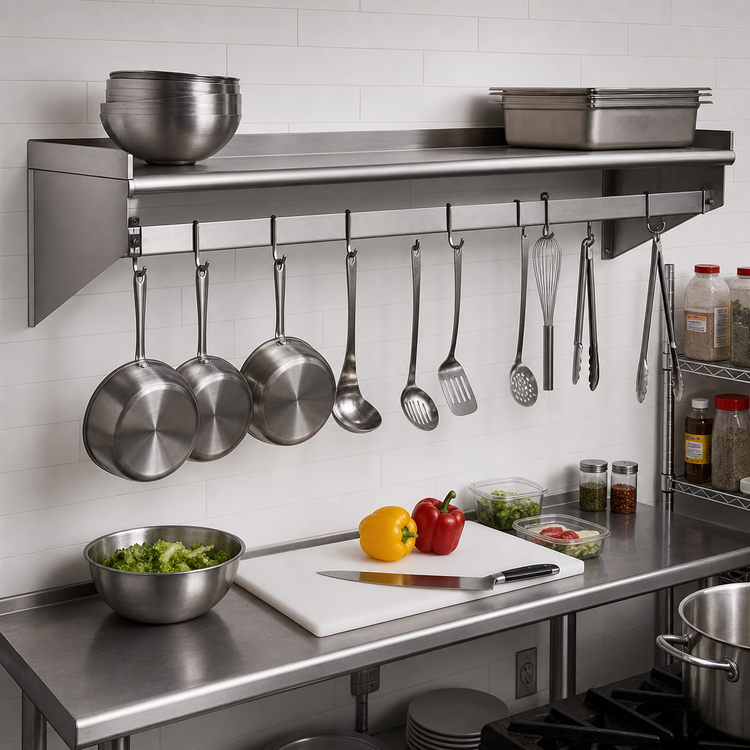 Product image #2 for Eagle Group 48-Inch Wall-Mounted Pot Rack Shelf with Removable Hooks, 15-Inch Deep, Stainless Steel