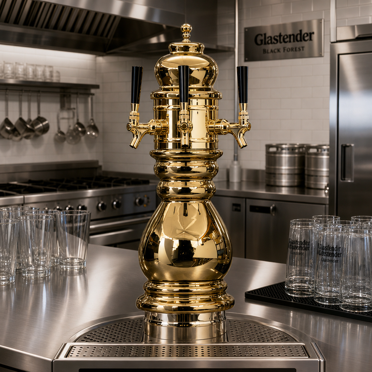 Product image #2 for Glastender Black Forest 3-Faucet Glycol-Cooled Draft Dispensing Tower with Polished Brass Finish