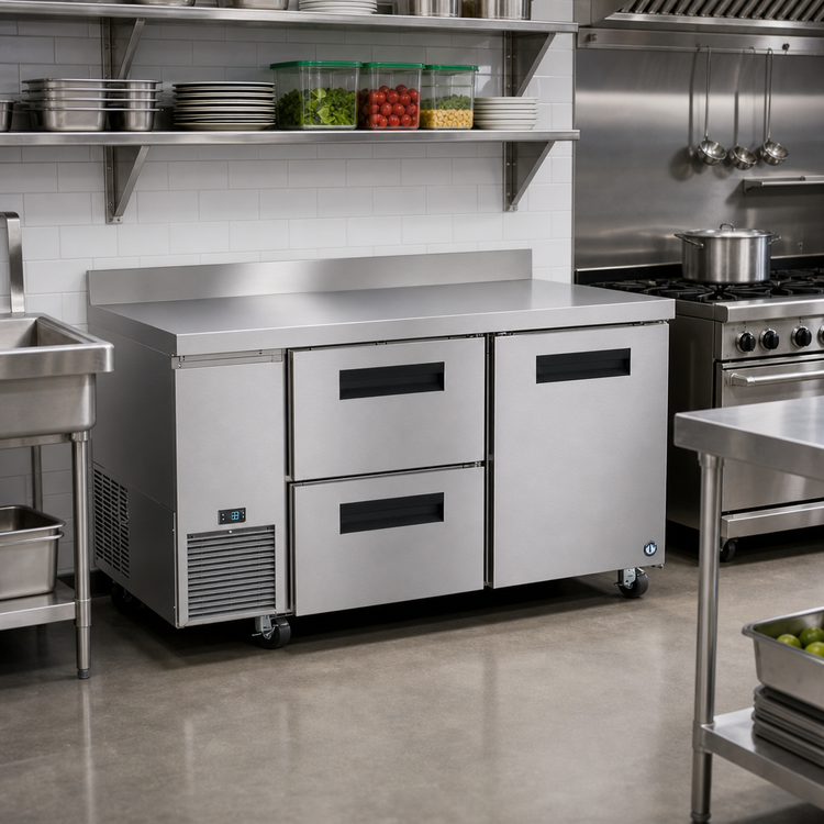 Product image #2 for Hoshizaki Steelheart 60-Inch Two-Section Worktop Refrigerator with One Door and Two Drawers, Side-Mounted Refrigeration