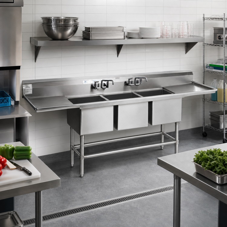 Product image #2 for Spec-Master FN Series Three-Compartment Commercial Sink with 30-Inch Right Drainboard, 91-1/2 Inch W x 27 Inch D