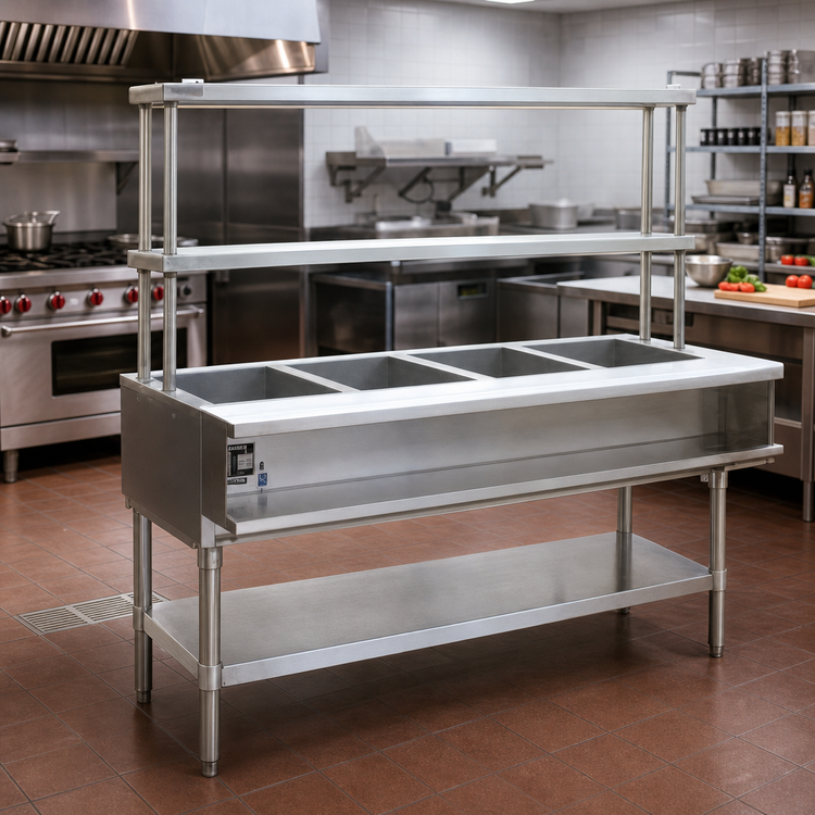 Product image #2 for Eagle Group Water Bath Hot Food Table, Natural Gas, 3-Pan Open Base With Undershelf, Flex-Master Overshelves
