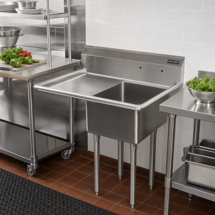Product image #2 for John Boos E-Series 1-Compartment Stainless Steel Sink with Left Drainboard — 18 in x 18 in Bowl, 12 in Deep (38.5 in Overall Width)