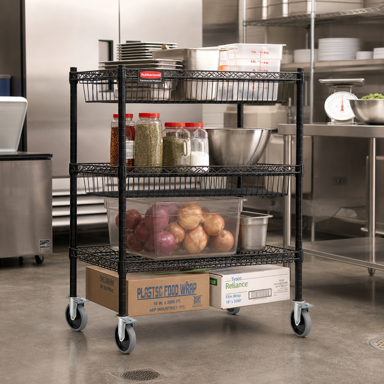 Product image #2 for Rubbermaid Commercial Products 5-Inch Thermoplastic Rubber Shelf Casters Set with 2 Fixed and 2 Locking Swivel Casters, Gray