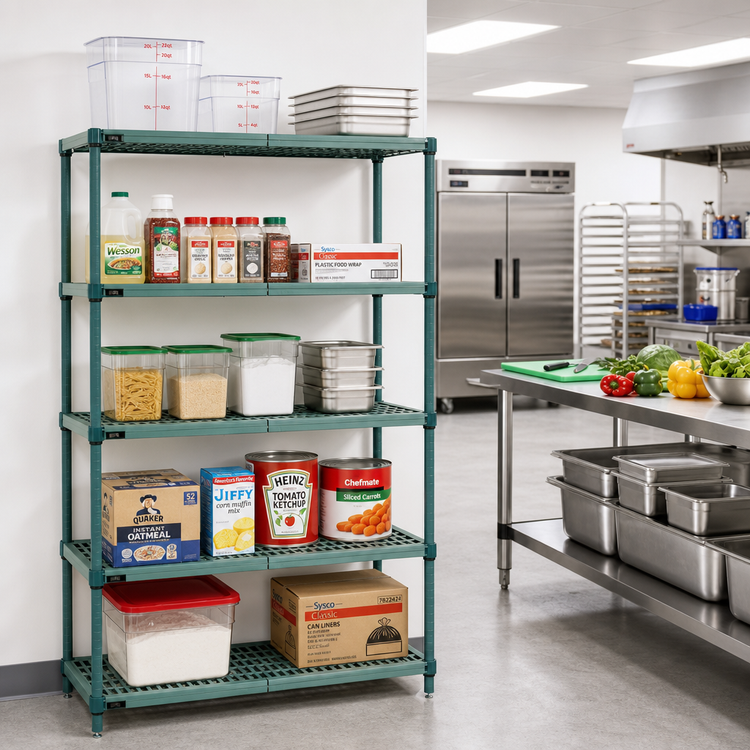 Product image #2 for Quantum 5-Tier Stationary Wire Plastic Mat Shelving Unit, 24 x 14 x 74 Inches, Green Epoxy Coated