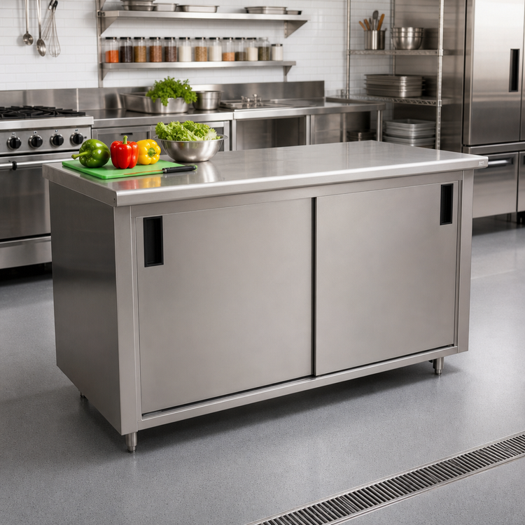 Product image #2 for Advance Tabco Enclosed Work Table, 144 x 30 Inches, Cabinet Base, Mid-Shelf, Sliding Doors, 14-Gauge 304 Stainless Steel Top