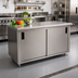 Thumbnail image #2 for Advance Tabco Enclosed Work Table, 144 x 30 Inches, Cabinet Base, Mid-Shelf, Sliding Doors, 14-Gauge 304 Stainless Steel Top