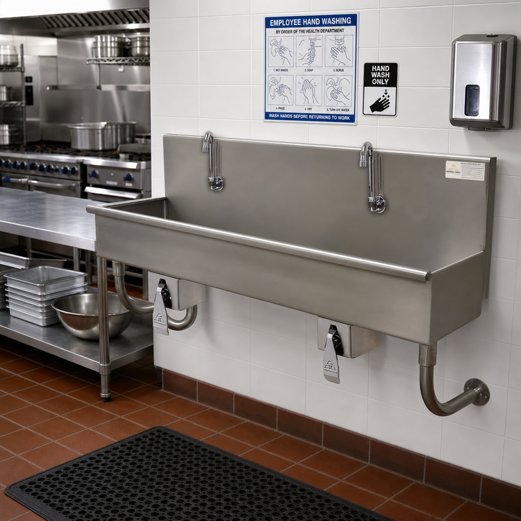 Product image #2 for Advance Tabco 48-Inch 2-Station Wall-Mounted Multi-Wash Hand Sink with Knee Valves and Gooseneck Spouts