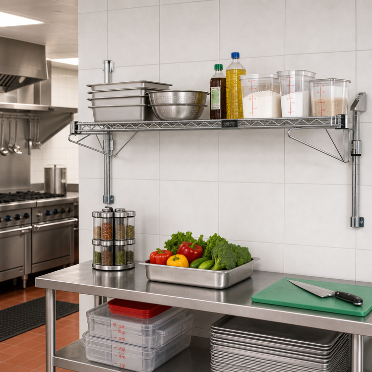 Product image #2 for Quantum 60 Inch x 14 Inch Cantilever Single Shelf Wall-Mount Wire Shelving Unit, Chrome Plated