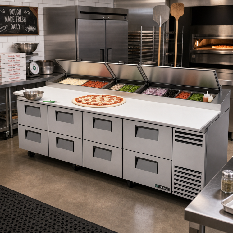 Product image #2 for True 119-Inch 4-Section Pizza Prep Table with 8 Drawers, White Poly Cutting Board, and Self-Contained Refrigeration