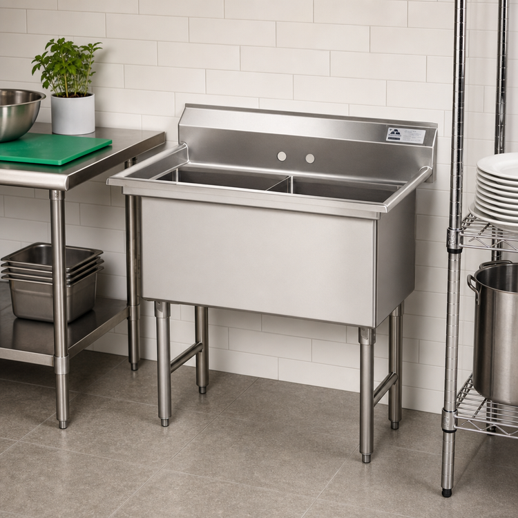 Product image #2 for Advance Tabco Special Value Series 2-Compartment Fabricated Sink with Legs, 18 x 24 x 14-Inch Bowls, No Drainboards