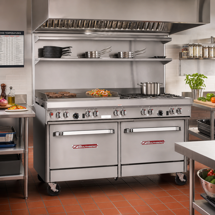 Product image #2 for Southbend Ultimate 60-Inch Gas Restaurant Range with 5 Burners, 24-Inch Griddle, Convection Oven, and Cabinet Base