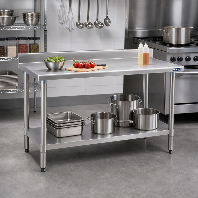 Product image #2 for Eagle Group Deluxe Series 16-Gauge 300 Series Stainless Steel Work Table with 4-1/2-Inch Backsplash and Adjustable Undershelf, 48 x 24 Inches
