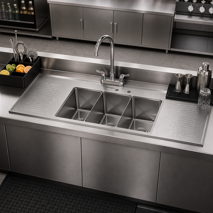 Product image #2 for Klinger's Trading Triple Compartment Drop-In Bar Sink with Dual Drainboards, Faucet & Basket Drain