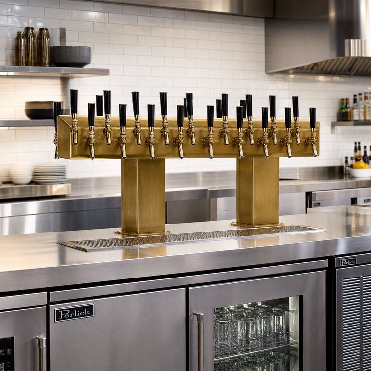Product image #2 for Perlick 32-Faucet Extra-High Back-to-Back Bridge Tee Countertop Glycol-Cooled Draft Beer Tower, Brass Finish