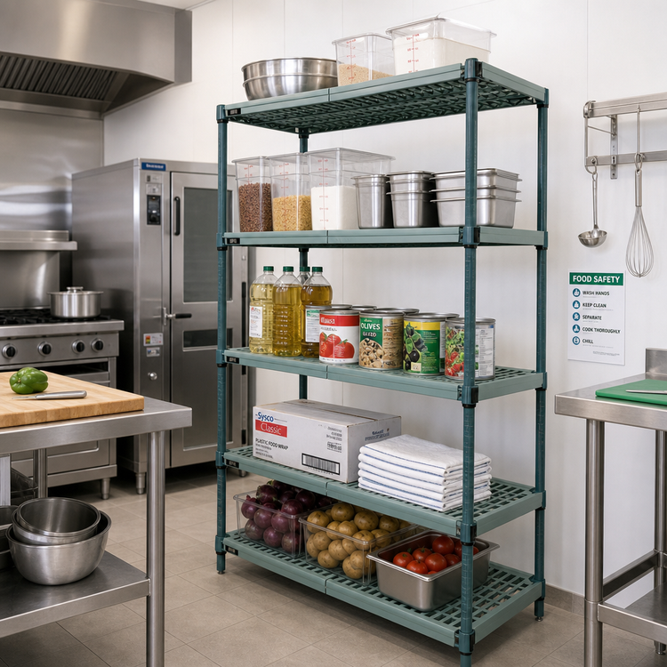 Product image #2 for Quantum 5-Tier Stationary Wire Plastic Mat Shelving Unit, 42W x 21D x 86H, Green Epoxy Antimicrobial