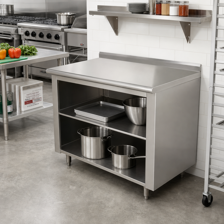 Product image #2 for Advance Tabco 48 Inch x 24 Inch Open Front Cabinet Base Work Table with Mid-Shelf, 14 Gauge 304 Stainless Steel Top, and 1-1/2 Inch Rear Up-Turn