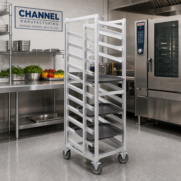 Product image #2 for Channel Manufacturing T439A3 Trapezoidal Aluminum Cafeteria Tray Rack, 10-Tray Capacity, 36-Inch High, End Load, with Swivel Casters