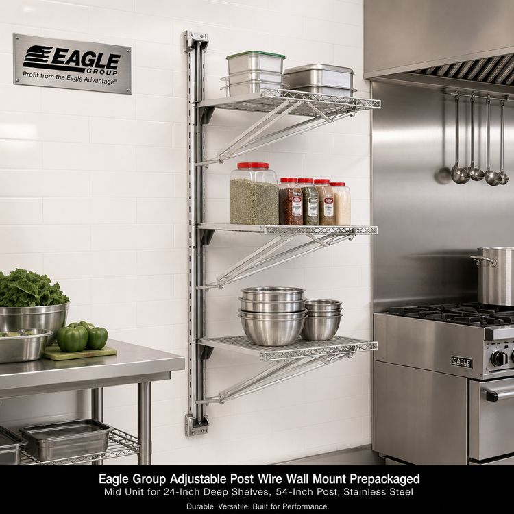 Product image #2 for Eagle Group Adjustable Post Wire Wall Mount Prepackaged Mid Unit for 24-Inch Deep Shelves, 54-Inch Post, Stainless Steel