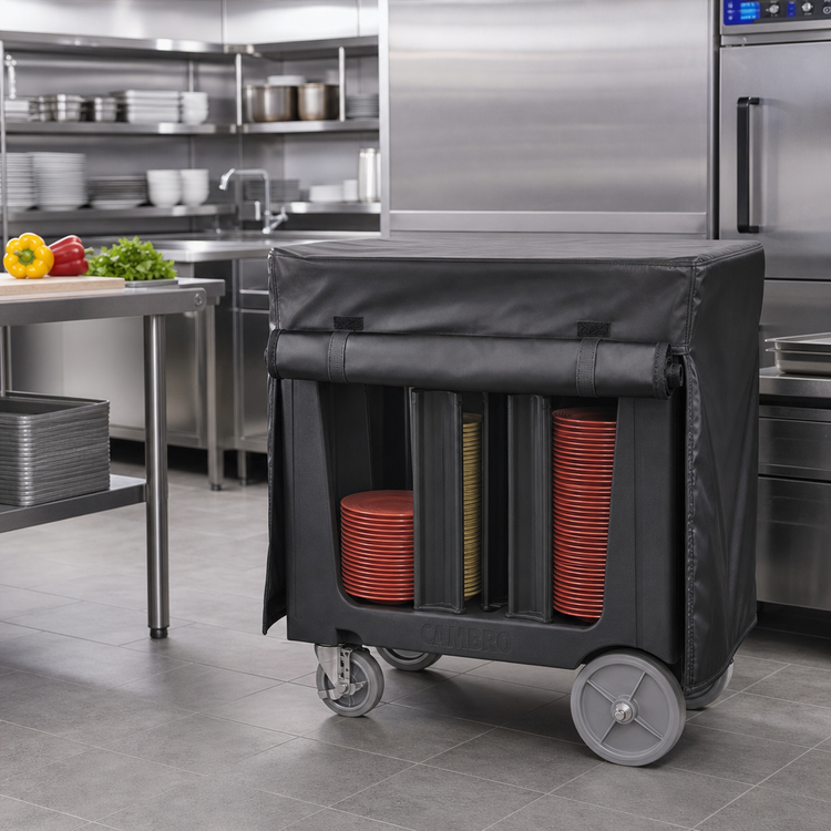 Product image #3 for Cambro Adjustable 6-Tower Dish Cart with Vinyl Dust Cover, Black Polyethylene