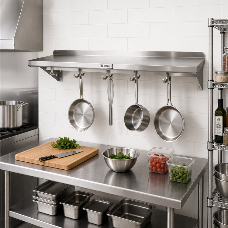 Product image #2 for John Boos Stallion 48-Inch Wall-Mount 14-Gauge Stainless Steel Pot Rack Shelf with 4 Hooks
