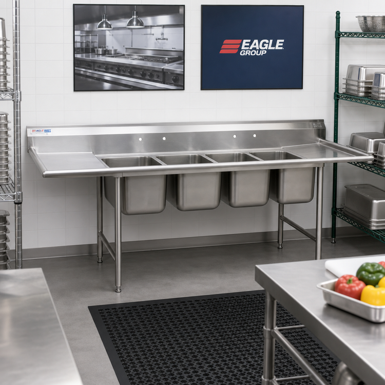 Product image #2 for Eagle Group 314 Series Coved Corner Four-Compartment Sink with Double 18-Inch Drainboards