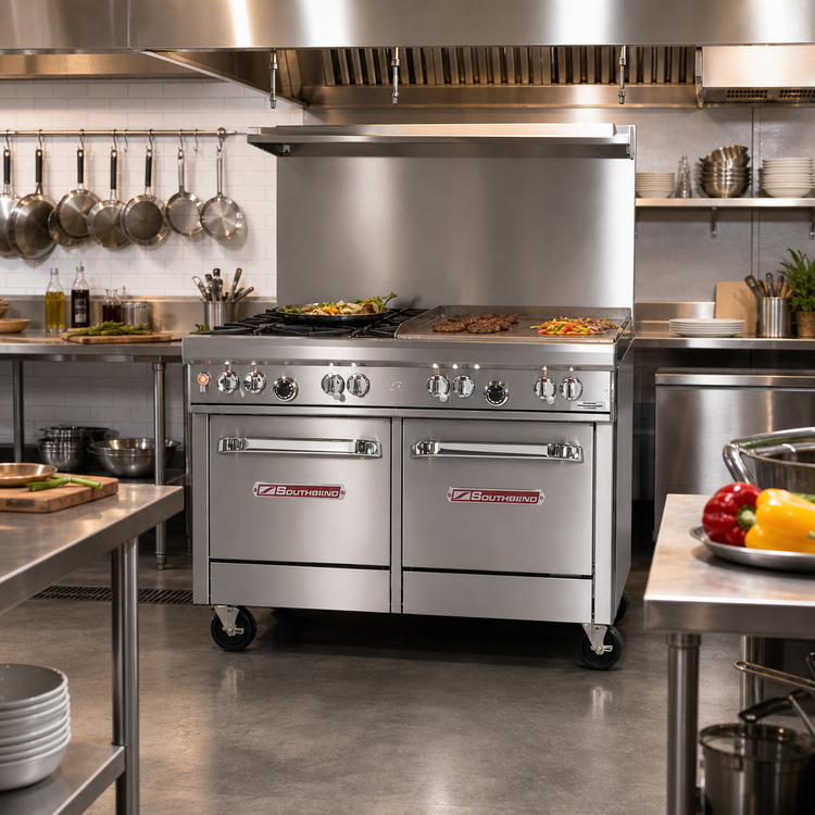 Product image #2 for Southbend Ultimate 48-Inch Gas Restaurant Range with 2 Non-Clog Burners, 36-Inch Thermostatic Griddle, and 2 Space Saver Ovens