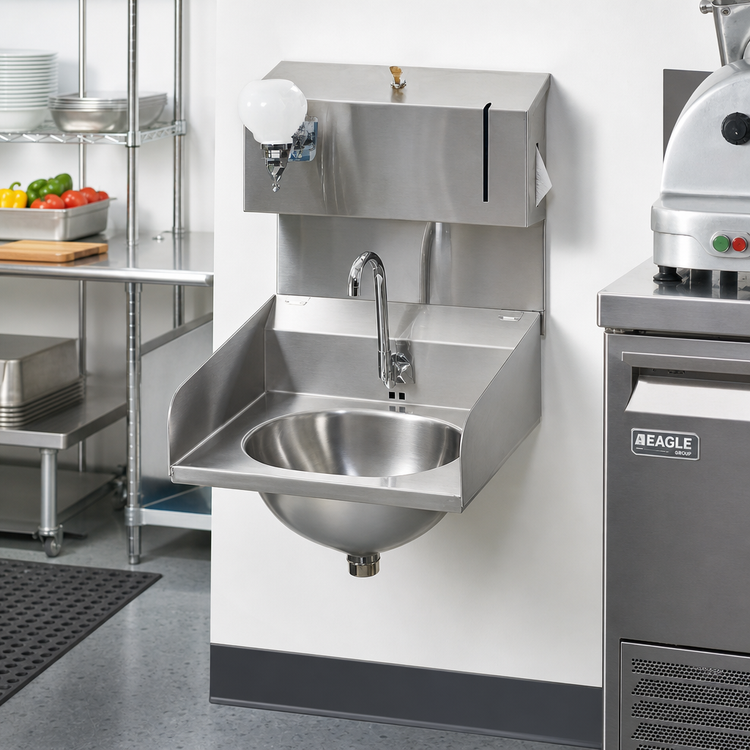 Product image #2 for Eagle Group Wall-Mount Hand Sink with Electronic-Eye Gooseneck Faucet, Soap & Towel Dispensers, Side Splashes, 304 Stainless Steel