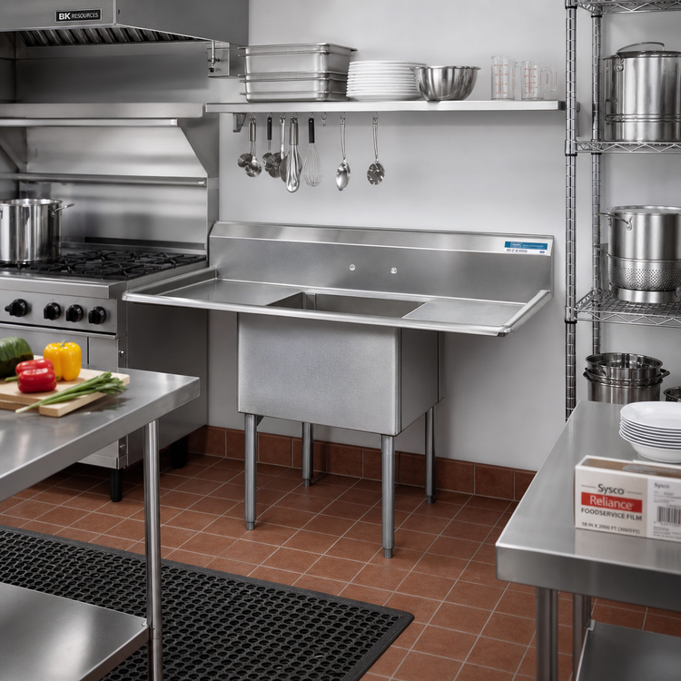 Product image #2 for BK Resources Floor Model One-Compartment Double Drainboard Sink, 18" x 24" Bowl, 9" Backsplash, Galvanized Legs