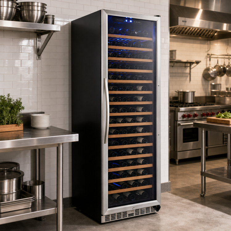 Product image #3 for Eurodib Urban Style One-Section Reach-In Single Zone Wine Cabinet, 168-Bottle Capacity, Stainless Steel Framed Glass Door