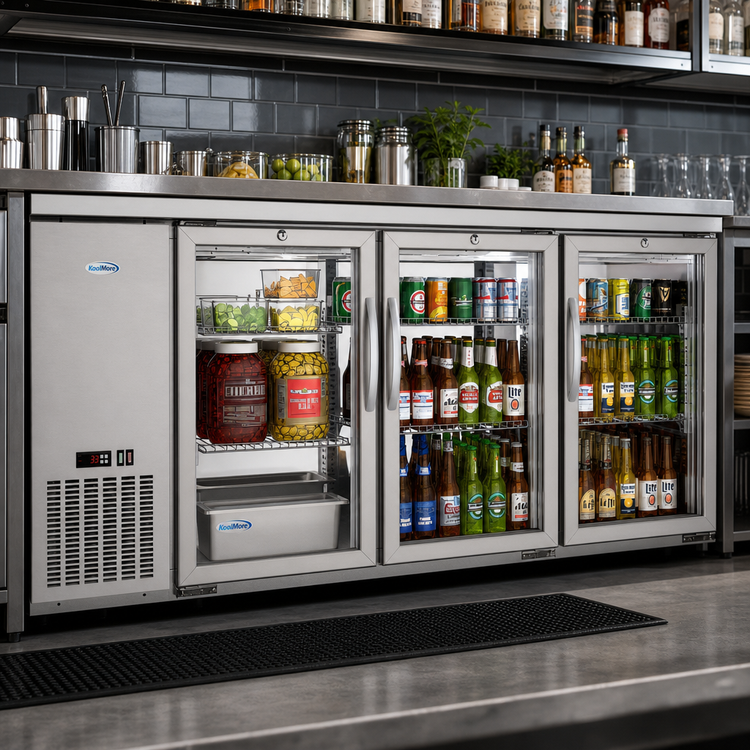 Product image #3 for KoolMore 72-Inch Three-Section Back Bar Cooler with 3 Glass Swing Doors and LED Lighting, 18.3 Cu. Ft., Stainless Steel