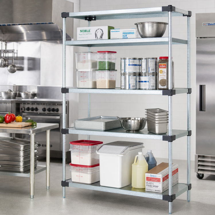Product image #2 for Quantum Solid Shelving Starter Kit, 54W x 14D x 74H Inches, Galvanized Steel Shelves, Chrome Posts