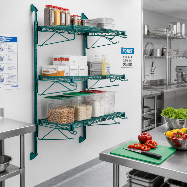 Product image #2 for Quantum Wall-Mounted Cantilever Starter Shelving Unit with 3 Wire Shelves, Green Epoxy Antimicrobial Finish
