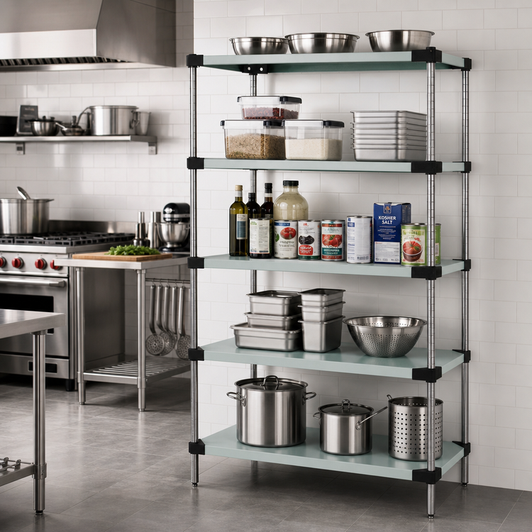 Product image #2 for Quantum Stationary 304 Stainless Steel Solid Shelving Starter Kit, 24 x 18 x 86 Inches, 5 Shelves
