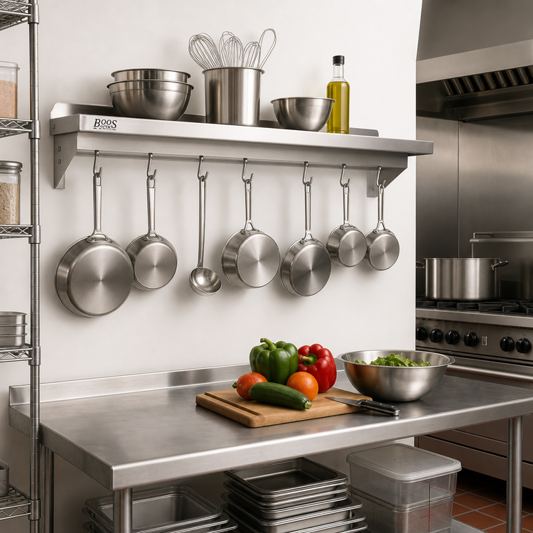 Product image #2 for John Boos Cucina Mensola Wall-Mount Stainless Steel Pot Rack Shelf with Hooks, 24 x 12 Inches
