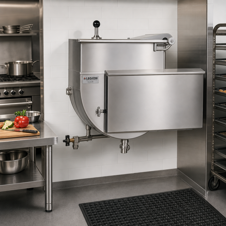 Product image #2 for Legion 30-Gallon Wall-Mounted Stationary Direct Steam Kettle with 2/3 Jacket and 304 Stainless Steel Liner