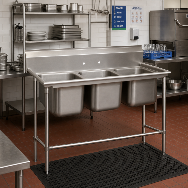 Product image #2 for Advance Tabco Regaline 3-Compartment Commercial Sink with Legs, 75-3/4" x 36", 14-Gauge 304 Stainless Steel