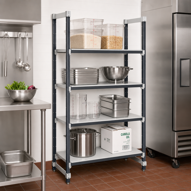 Product image #2 for Cambro Camshelving Elements XTRA 4-Shelf Solid Stationary Starter Unit, 30W x 24D x 64H, Speckled Gray