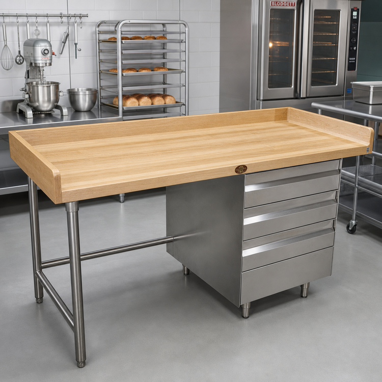 Product image #2 for Advance Tabco 84-Inch x 30-Inch Bakers' Wood Top Work Table with Right-Side 3-Tier Drawers and 4-Inch Splash