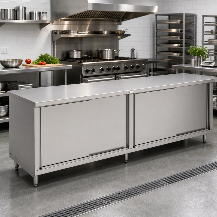Product image #2 for John Boos Stainless Steel Enclosed Work Table Cabinet Base with Sliding Doors, 120 x 36 Inches