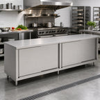 Thumbnail image #2 for John Boos 4CS6-36120 Stainless Steel Enclosed Work Table with Sliding Doors, 16-Gauge 300 Series Flat Top, 120 x 36 Inches