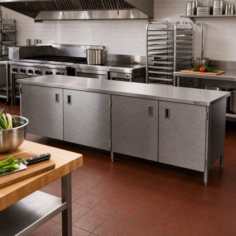 Product image #2 for John Boos Enclosed Base Stainless Steel Work Table with Hinged Doors, 144 x 24 Inches