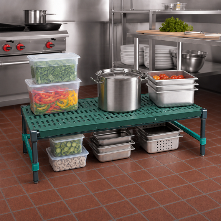 Product image #2 for QuadPlus Mobile Dunnage Rack with Louvered Polypropylene Mat, 60 x 21 x 14 Inches, 800 lb Capacity, Green Epoxy