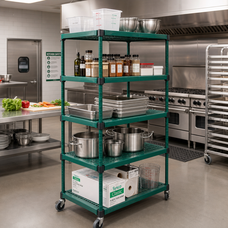Product image #2 for QuadPLUS 5-Tier Mobile Starter Wire Shelving Unit, 60 x 21 x 74 Inches, Green Epoxy Finish